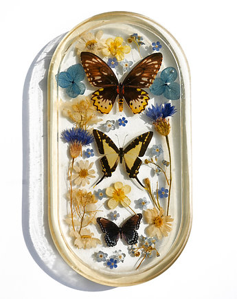 Podstawka z chabrami i motylami, kwiaty biżuteria