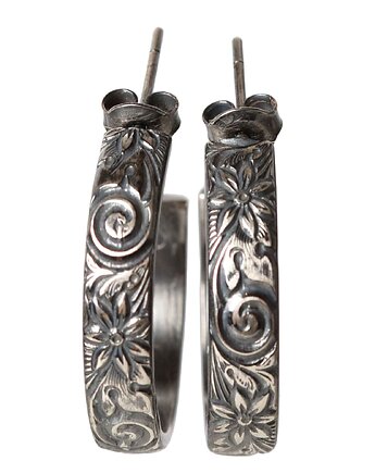 Duże oksydowane kolczyki srebrne koła z fakturą kwiatową - Zinnia, Blooming Stones