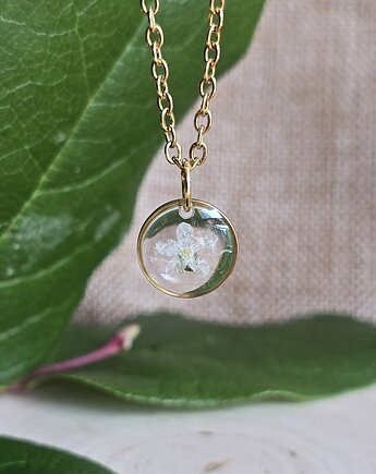 Mały wisiorek z białą niezapominajką prawdziwy kwiat, zkwiatem