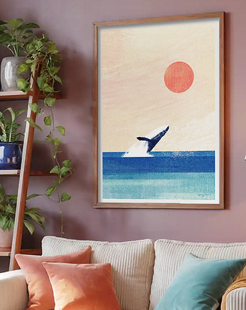Wieloryb - zachód słońca nad oceanem - plakat fine art, minimalmill