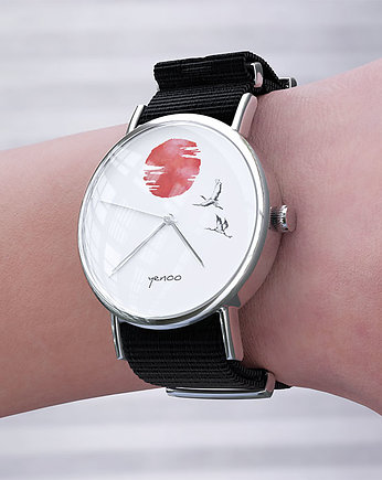 Zegarek - Japońskie żurawie 2 - czarny, nylonowy, yenoo