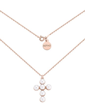 Naszyjnik z różowego złota z krzyżem zdobionym perłami, SOTHO