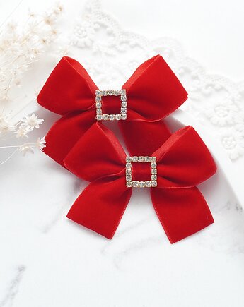 Spinki do włosów świąteczne kokardki czerwone WELUROWE z cyrkoniami SW12, FILIPOLA
