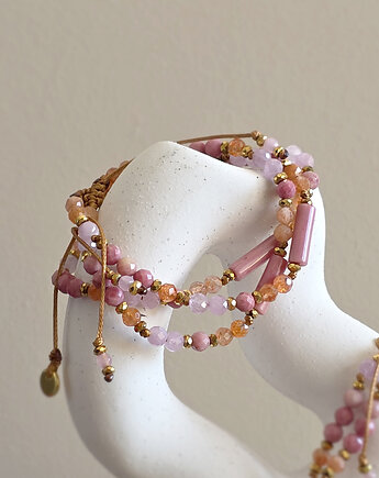 Rodonit, kamień słoneczny, kunzyt, hematyt bransoletka na sznurku, Magneska