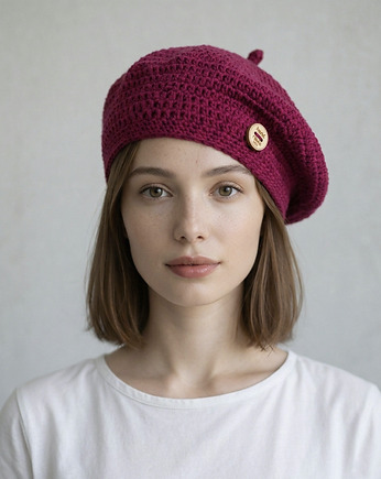Wiosenny beret damski z antenką ręcznie robiony bawełna one size amarant, splotomaniaa