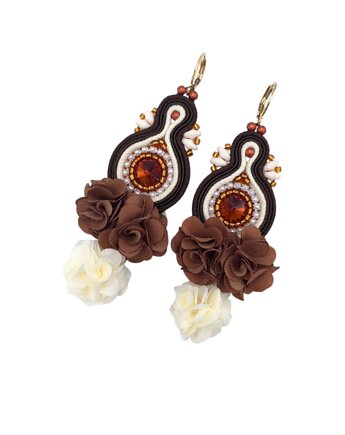 Kolczyki sutasz boho z kwiatami kremowo brązowe eleganckie Arcadia, Katrina Rossa