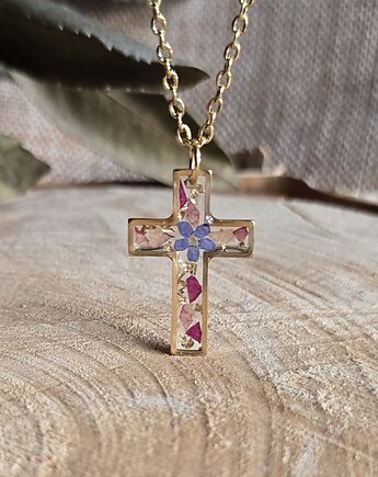 Złota zawieszka wisiorek kwiaty niezapominajka kwiatowy Krzyż krzyżyk róża, zkwiatem