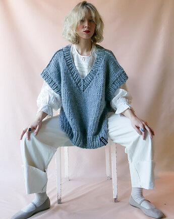100% Merino sweter kamizelka na drutach, PANAPUFA