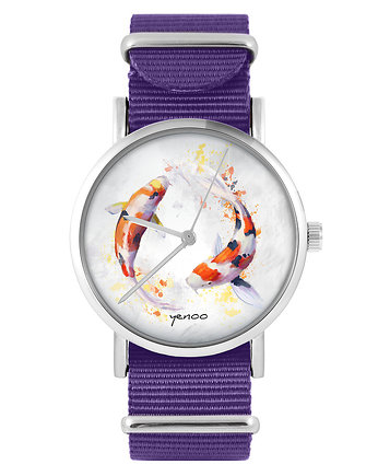 Zegarek - Karpie Koi - fioletowy, nylonowy, OKAZJE - Prezenty na 18 dla chłopaka