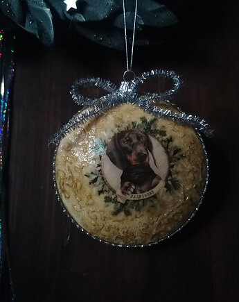 Bombka medalion z pieskiem, jamnik, Niebieski Zagajnik