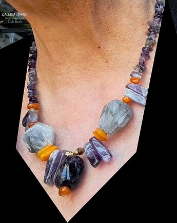Elegancko. Piękne surowe ametysty i bursztyn w ciekawym naszyjniku dla ..., Galeria Limart