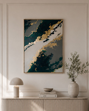 MALACHIT I ZŁOTO Abstrakcyjny obraz ręcznie malowany, 100x70 cm, Anna Jatczak Art