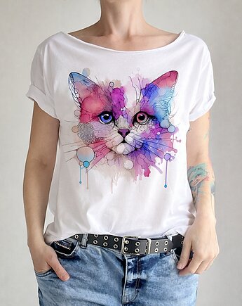 Kotek kreski akwarele Biały Oversize, ONE MUG A DAY