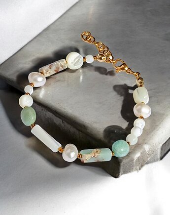 Bransoletka wakacyjna : perły , muszla, amazonit, jaspis cesarski :: light, kaktusia