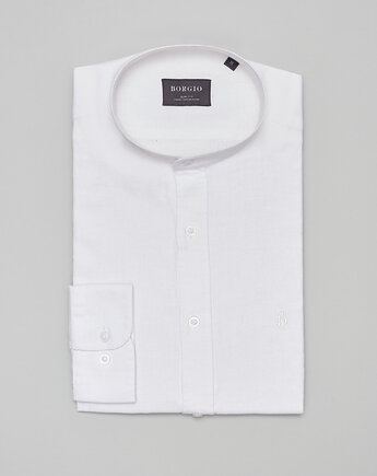 Lniana koszula lentane ze stójką 00483 długi rękaw biały slim fit, OSOBY - Prezent dla Chłopaka