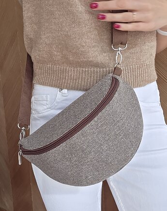 Beżowo brązowa nerka pleciony materiał boho na ramię pojemna, Made by Joan