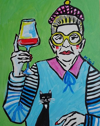 Kolorowy obraz  do salonu babcia z lampką wina, alice oil on canvas