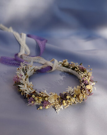 Wianek na głowę, komunijny, fiolet, beż, biel, Rondo Kwiatowe