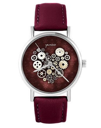Zegarek - Serce steampunk - skórzany, burgund, yenoo