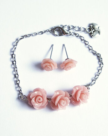 Komplet - Pudrowe różyczki - bransoletka, kolczyki, yenoo