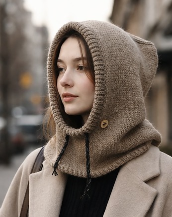 Balaclava kominiarka kaptur czapka 100% alpaka ręczna robota taupe, splotomaniaa