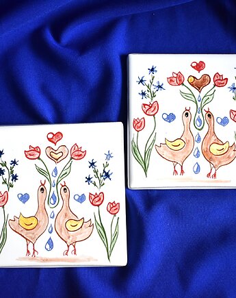 Kafle ręcznie malowane- Rustykalne podkładki kurki kolorowe, Kobaltowa Sroka