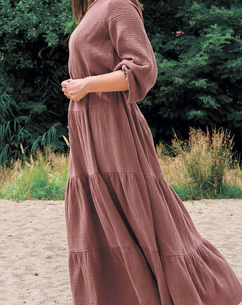 Eko długa pudrowa różowa sukienka muślinowa sukienka Sandra, Lariko Studio