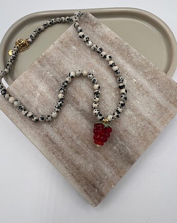 Handmade naszyjnik z jaspisem dalmatyńskim i czerwoną malinką, Juicy Beads