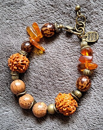 Rudraksha i bursztyn w niezwykłej etnicznej bransoletce unikat handmade UNISEX, Galeria Limart