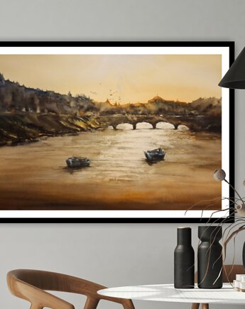 Obraz akwarelowy "Pejzaż z mostem" oprawiony w passe-partout 50x70 cm, Betańska Studio