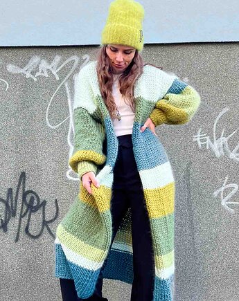 100% MERINO dlugi kardigan w pasy, PANAPUFA