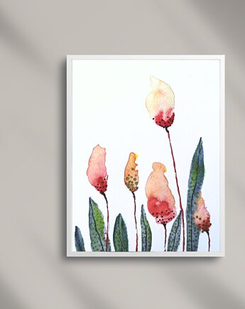 Akwarela Kwiaty Tulipany oryginalny obraz A5 21x15 cm, Kwitnace