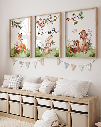 Zestaw 3 plakaty zwierzęta leśne imię dziecka, OSOBY - Prezent dla 10 latki