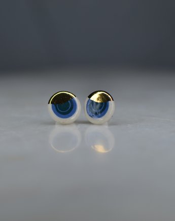 Kolczyki ceramiczne kremowo niebieskie zdobione złotem #033, OSOBY - Prezent dla dwojga