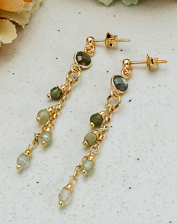 Długie kolczyki z granatami  złote kolczyki z zielonym granatem  SREBRO, Yamira Art Studio