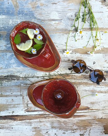 Zestaw bordowej filiżanki / kubka z talerzykiem. polskie rękodzieło, Ceramika Wydry