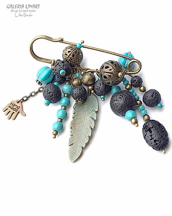 Broszka boho z turkusem na agrafie niezwykła miły prezent handmade, Galeria Limart