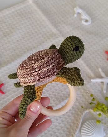 Grzechotka żółwik, Gryzak na kółku, Prezent dla maluszka, EcoToysByNastya