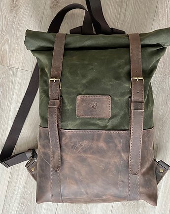 Plecak ze skóry i bawełny rolowany zielono-brązowy.Vintage., Rkabags