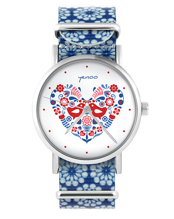 Zegarek - Folkowe ptaszki - niebieski, kwiaty, yenoo