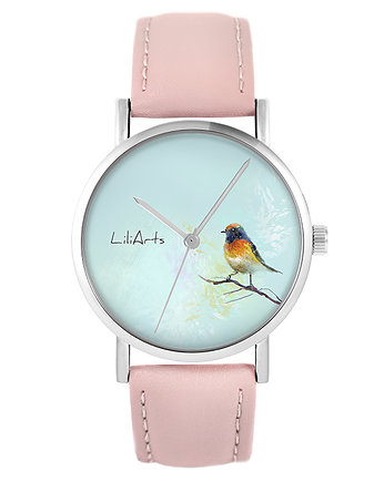 Zegarek - Kolorowy ptak - skóra, pudrowy róż, OSOBY - Prezent dla teścia