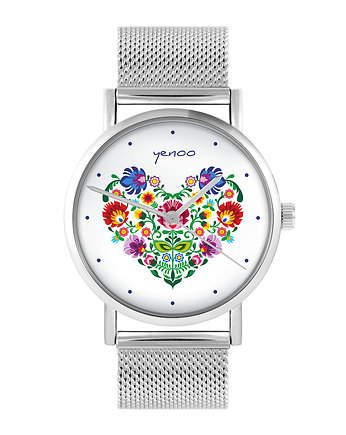 Zegarek - Serce folkowe - bransoleta mesh, yenoo