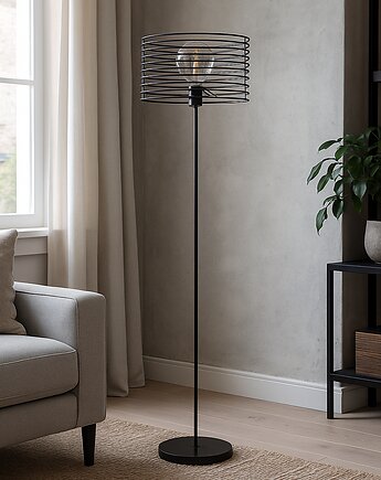 Czarna lampa podłogowa do salonu FORNOSA LOFT z drucianym kloszem, lampy loftowe LYSNE LOFT