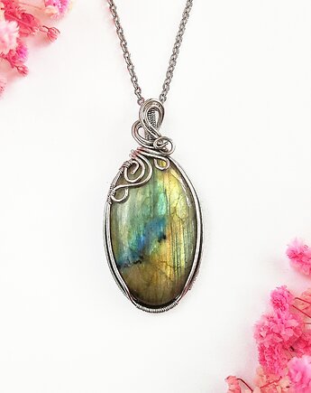 Naszyjnik Labradoryt Owal stal chirurgiczna wisiorek handmade wirewrapping, byNostawen