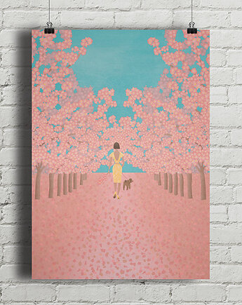 Plakat - Kwitnące wiśnie - spacer z psem, minimalmill