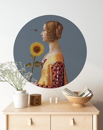 Mural DOTS Kobieta ze słonecznikiem NIEBIESKI- okrągła dekoracja ścienna, Ravenart