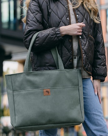 Torba NA LAPTOP Shopper z nubuku tapicerskiego w kolorze oliwki, Karolina Audycka