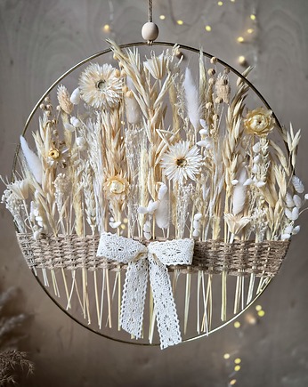 Boho dekoracja na ścianę - obręcz z suszonymi kwiatami, BohoSuszki