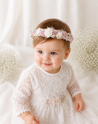 Opaska na chrzest z kwiatami biel, fiolet lilac, złoto, Petite Dame