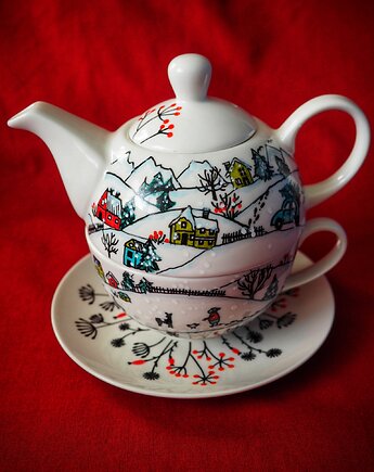 Świąteczny zestaw imbryk z filiżanką Tea for one ZIMOWA WIOSKA, ka.linea